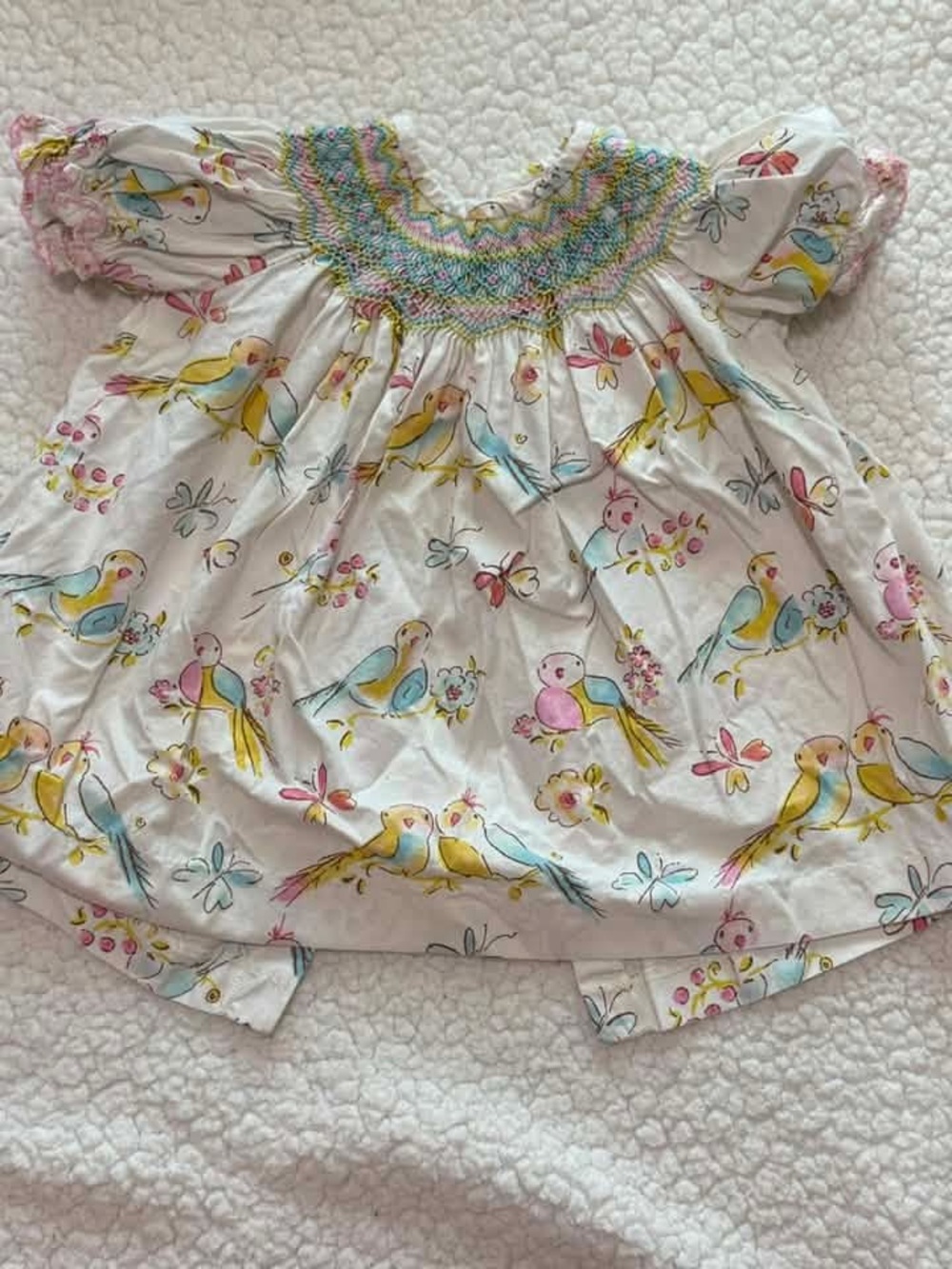 Smocked Bird Print Baby Top in White with Pastel Accents